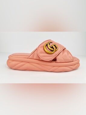 Gucci Marmont Double G Chevron GG Logo Pink Charlotte Flat Sandals Size EU 37.5